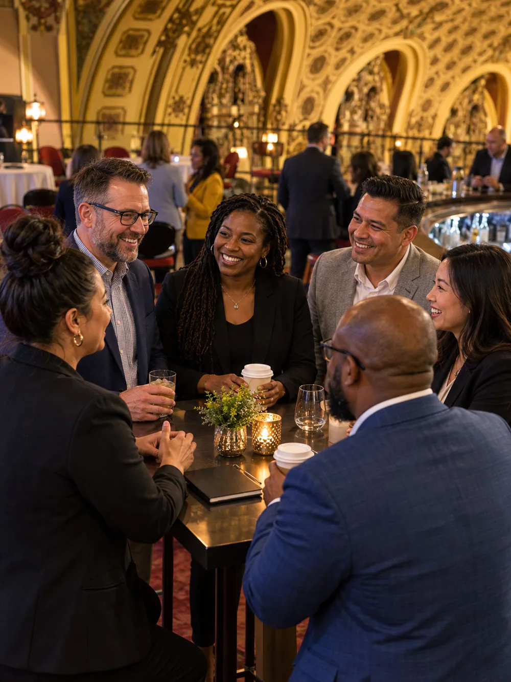 Leaders talking and laughing around a table in the Midland Theatre lobby