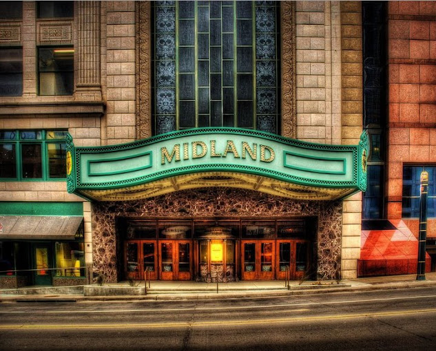 The Midland Theatre entrance and marquee in Kansas City