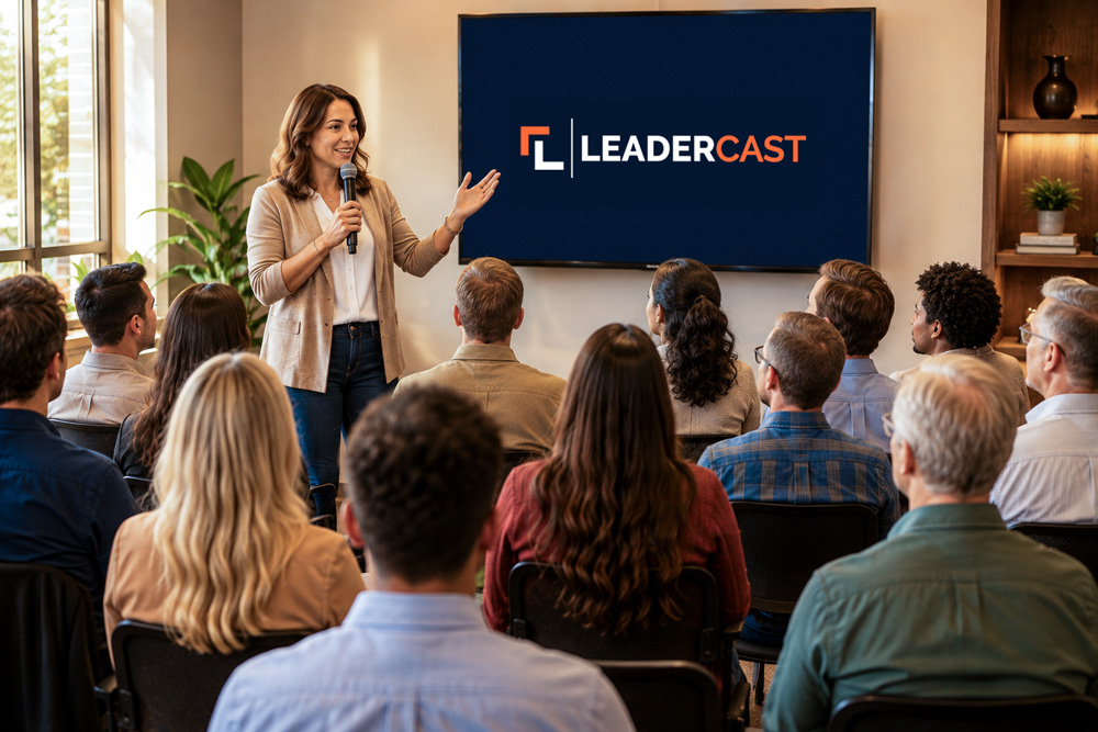 A speaker presenting to an audience in front of a Leadercast screen