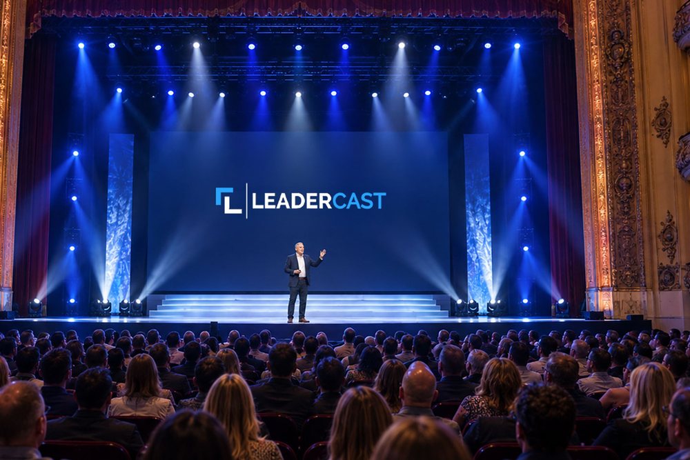 A speaker on the Leadercast Live stage in front of a large audience